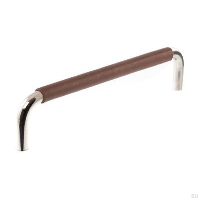Avlångt möbelhandtag LS 7353 96 Polerad nickel med brunt läder