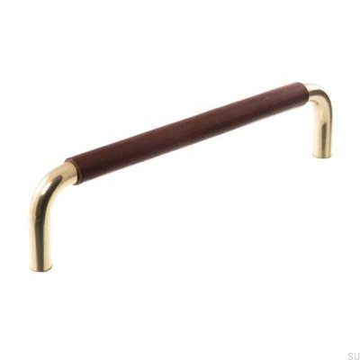 Avlångt möbelhandtag LS 7353 96 Polerat guld med mörkbrunt läder