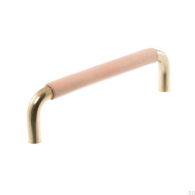 Avlångt möbelhandtag LL 7353 96 Polerat guld med naturläder