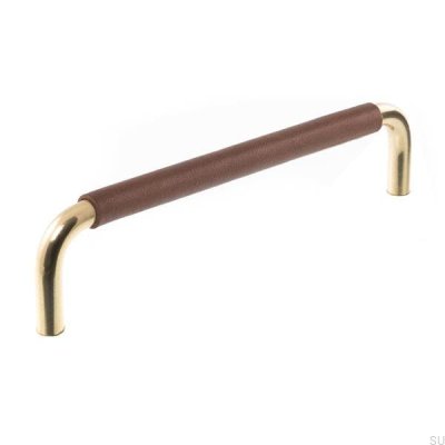 Avlångt möbelhandtag LS 7353 128 Polerat guld med brunt läder