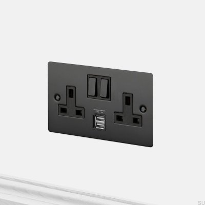 Dubbel USB 3.1A Typ G UK 2G-uttag Stål Svart Brittisk Standard