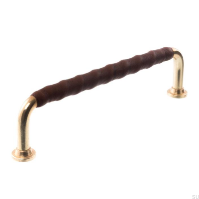 Avlångt möbelhandtag LL 1353 96 Polerad mässing med mörkbrunt läder