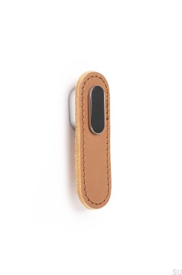 Avlång beige lädermöbelknopp med polerad krom