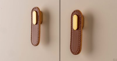 Avlång beige lädermöbelknopp med borstat guld
