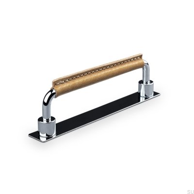 Asissi Stitched 128 avlångt möbelhandtag Polerad krom med ljusbrunt läder