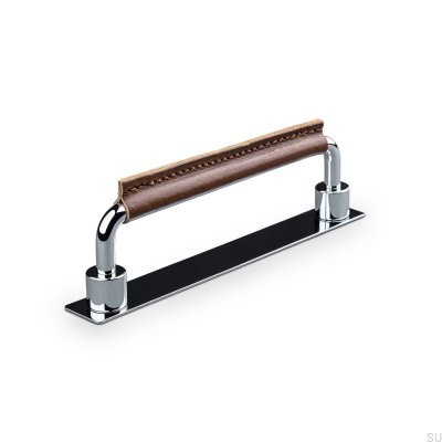 Asissi Stitched 128 avlångt möbelhandtag Polerad krom med brunt läder