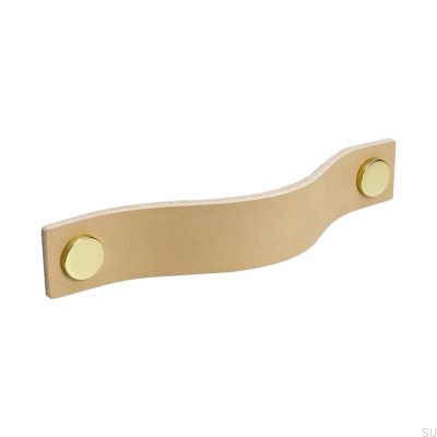 Långt möbelhandtag Loop 128, naturläder med mässing
