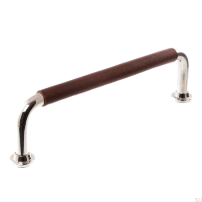 Avlångt möbelhandtag 1132LS 1353 128 Polerat nickel med brunt läder