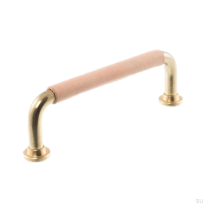 Avlångt möbelhandtag LS 1353 96 Polerad mässing med naturläder