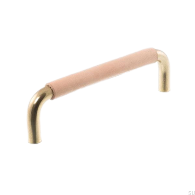 Avlångt möbelhandtag LS 7353 128 Polerat guld med naturläder