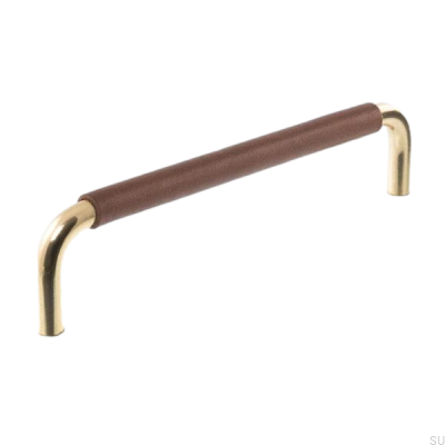 Avlångt möbelhandtag LS 7353 128 Polerat guld med brunt läder