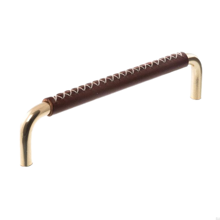 Uchwyt meblowy podłużny 7353 128 Mosiężny Polerowany z Brązową Skórą.png