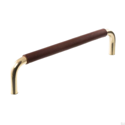 Avlångt möbelhandtag LS 7353 96 Polerat guld med mörkbrunt läder