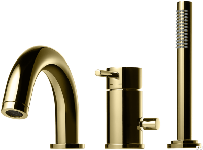 Trehåls badkarsblandare med pip och duschmunstycke BI047, Honey Gold Brass