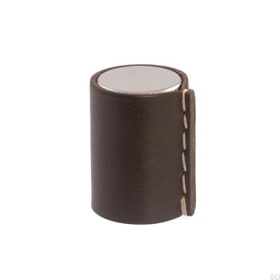 Läderknopp möbelknopp Polerad krom och brun