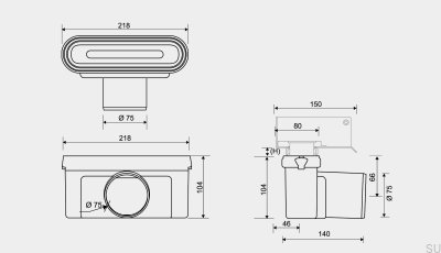 Avloppsmodul med horisontellt utlopp 75 mm med avtagbar sifon för installation i träkonstruktioner