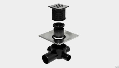 ClassicLine fyrkantig avloppsventil med horisontellt utlopp 75 mm och sidoanslutningar