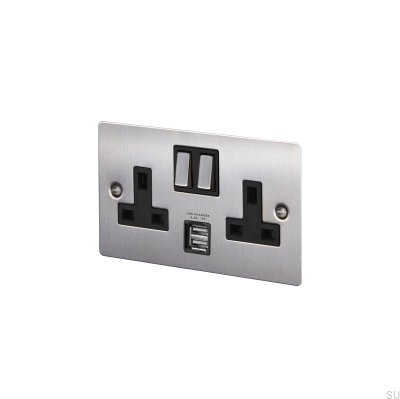 Dubbel USB Typ G UK 2G Stål Silver Brittisk Standarduttag