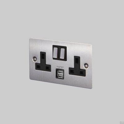 Dubbel USB Typ G UK 2G Stål Silver Brittisk Standarduttag