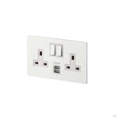 Dubbeluttag med USB Typ G UK 2G Stål Vit Brittisk Standard