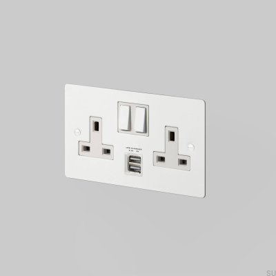 Dubbeluttag med USB Typ G UK 2G Stål Vit Brittisk Standard